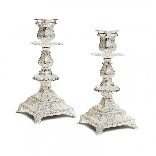 Silver Plated Shabbat Candlesticks, Delicate Filigree Engravings – 7.4
