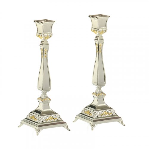 Silver Plated Shabbat Candlesticks with Gold Tints - Height 9.8
