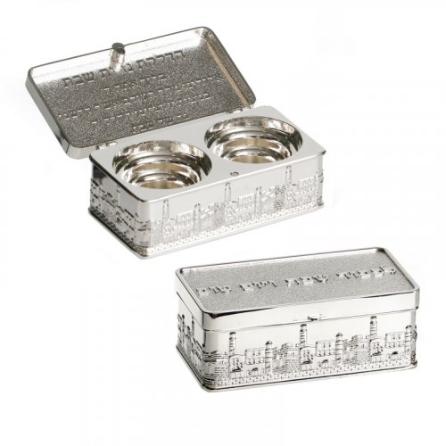 Silver Plated Small Travelling Shabbat Candlesticks in Box  Jerusalem Design