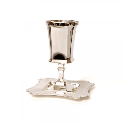 Silver Plated Smooth Kiddush Cup on Stem, Square Design with Matching Dish