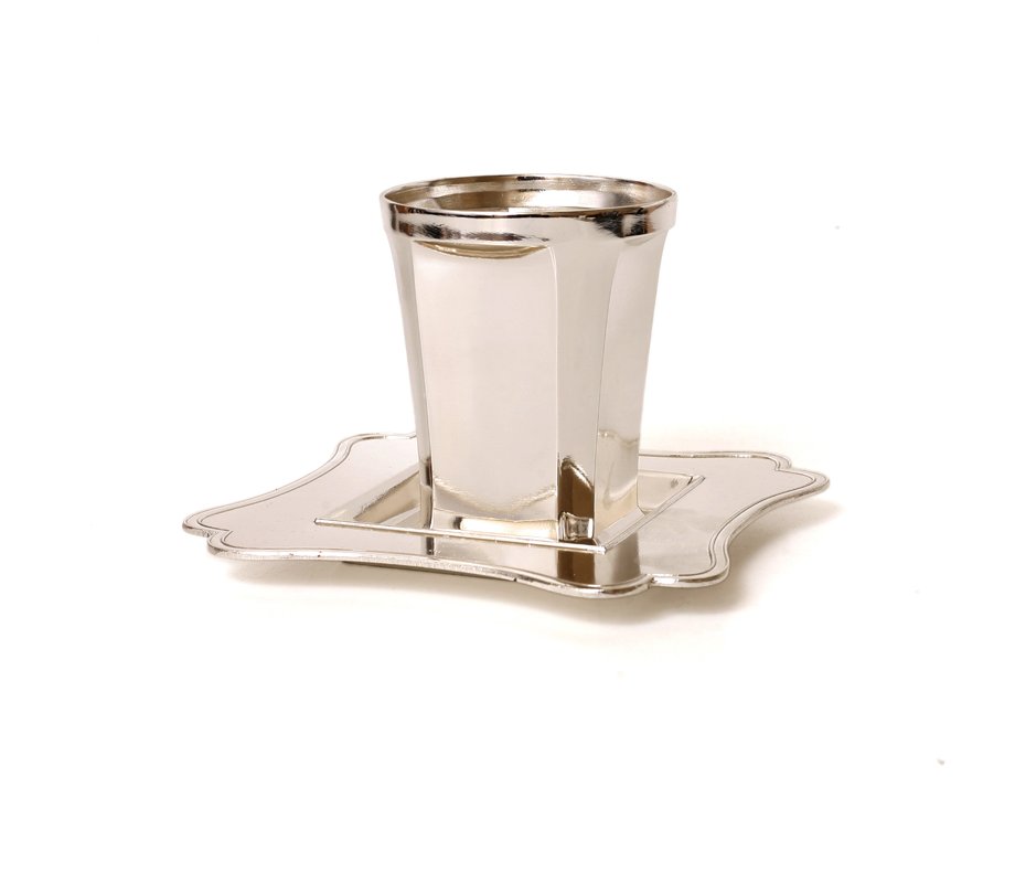 Silver Plated Smooth Kiddush Cup with Matching Saucer - Square Design