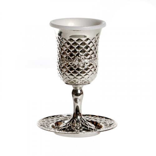 Silver Plated Stem Kiddush Cup with Matching Plate and Insert - Diamond Design