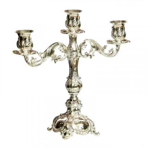 Silver Plated Three-Branch Candelabrum on Stem  Elaborately Embellished