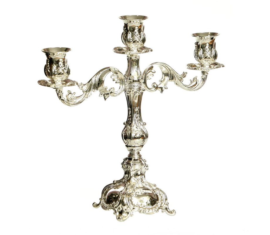 Silver Plated Three-Branch Candelabrum on Stem – Elaborately Embellished