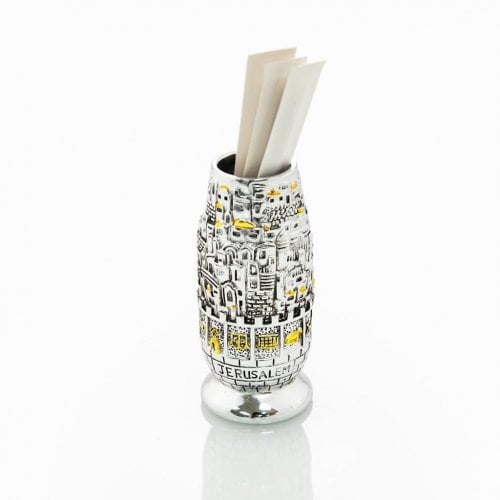 Silver Plated Two Tone Toothpick Holder - Jerusalem and Twelve Tribes Images