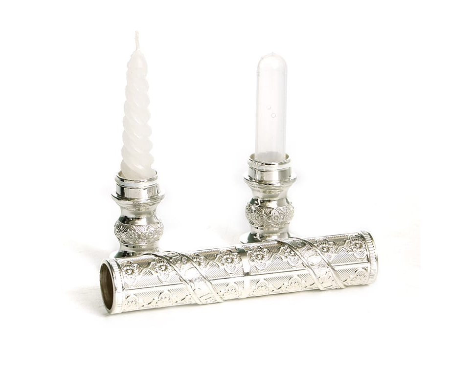 Silver Plated Two-Piece Havdalah Wand, Candle and Spice Holder - Flower Design