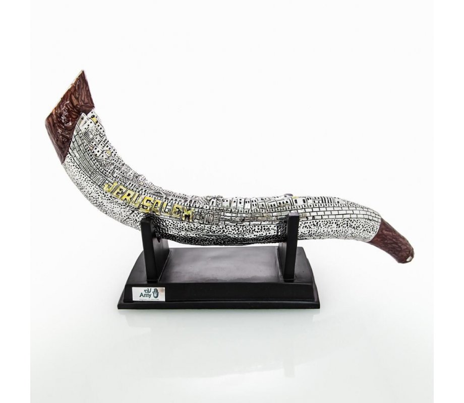 Silver Plated and Gold Decorative Yemenite Shofar on Stand - Jerusalem Design