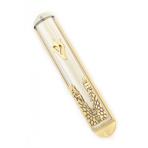 Silver Plated and Gold Mezuzah Case, Jerusalem Wall Image - Choice of Sizes