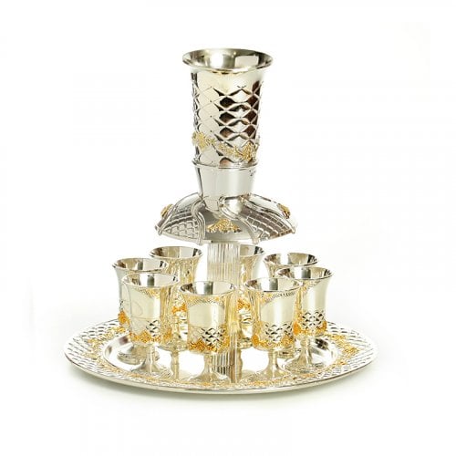 Silver Plated with Decorative Gold Wine Fountain and 8 Small Cups on a Tray