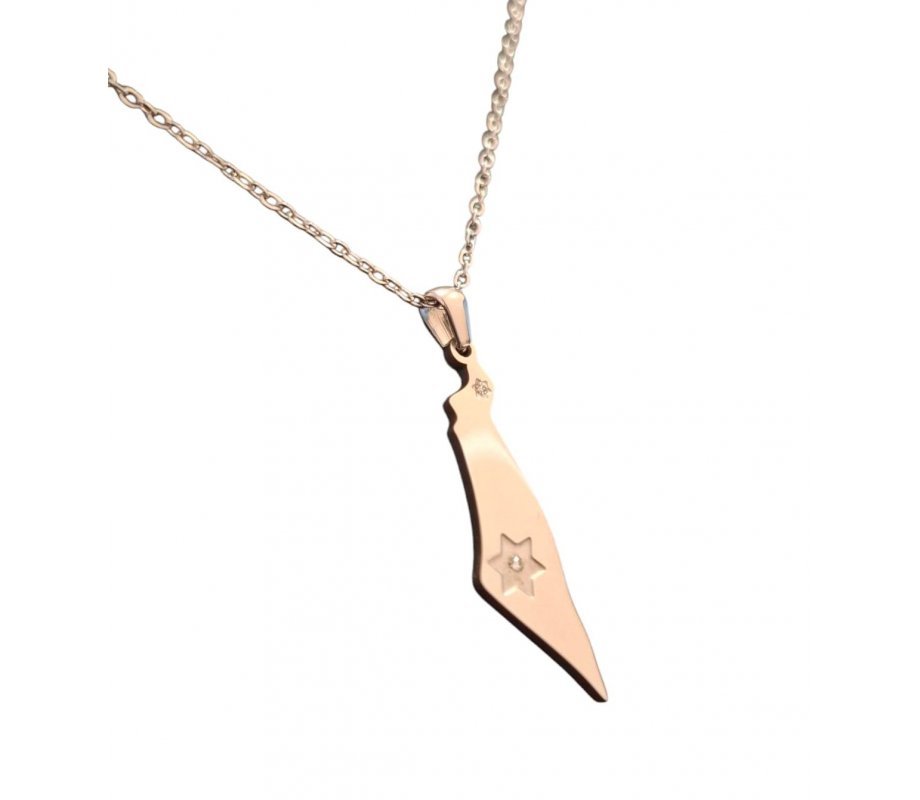 Silver Stainless Steel Pendant Necklace, Outline of Israel with Stars of David