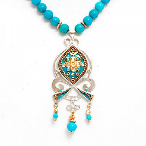 Silver Turquoise Beaded Necklace by Ester Shahaf