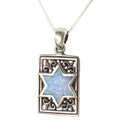 Silver and Opal Rectangle Star of David Pendant
