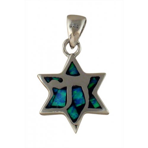 Silver and Opal Star of David Chai Pendant