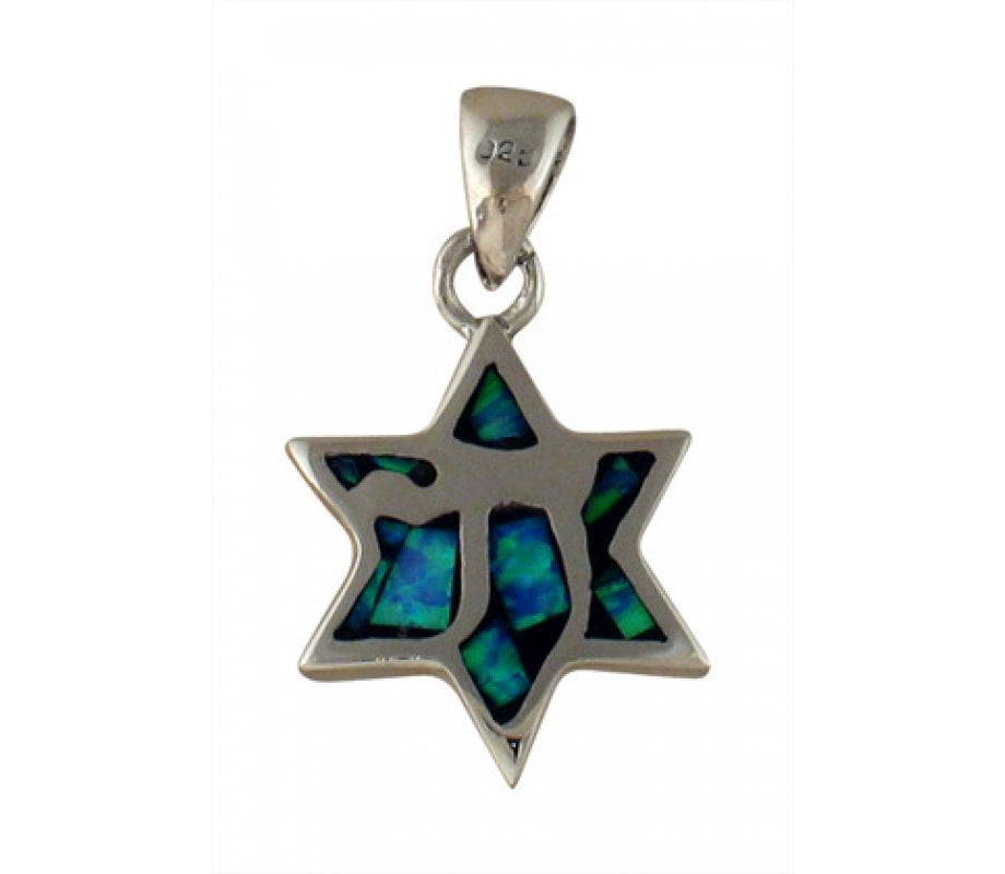 Silver and Opal Star of David Chai Pendant
