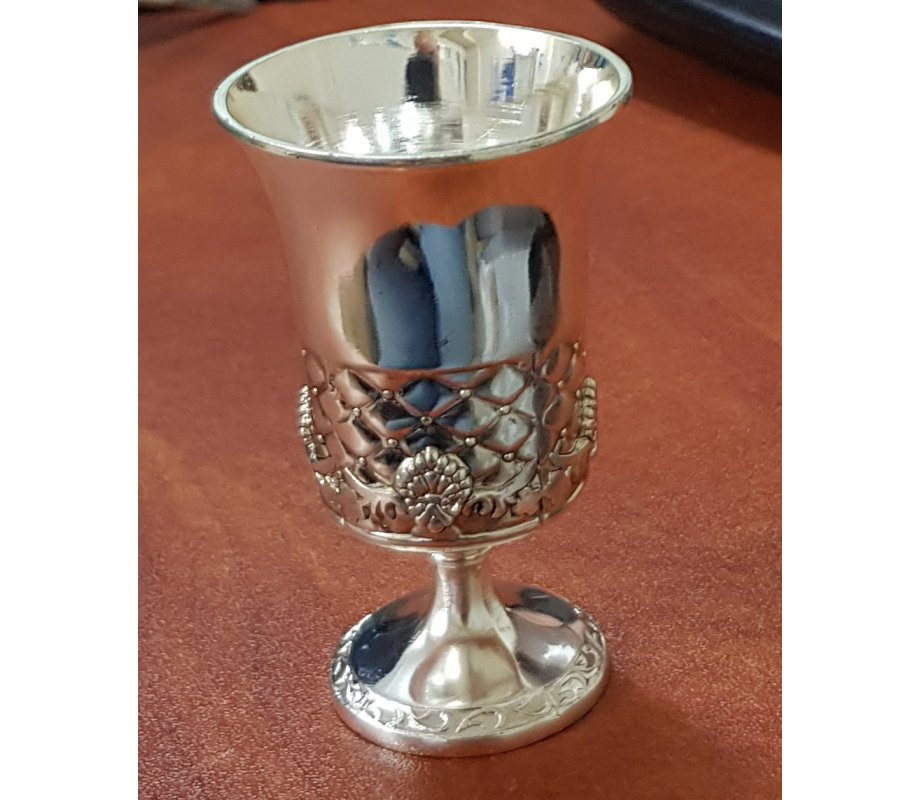 Six Decorative Small Kiddush Cups with Matching Circular Tray - Silver Plate