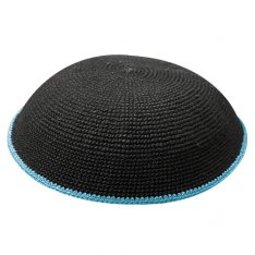 Small Black DMC Knitted Kippah with Lively Light Blue Rim