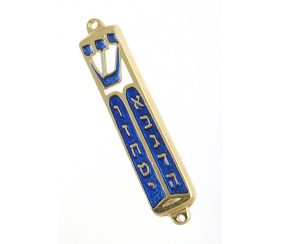 Small Blue Metal Mezuzah Case, Star of David and Crown - Gold or Silver Plate