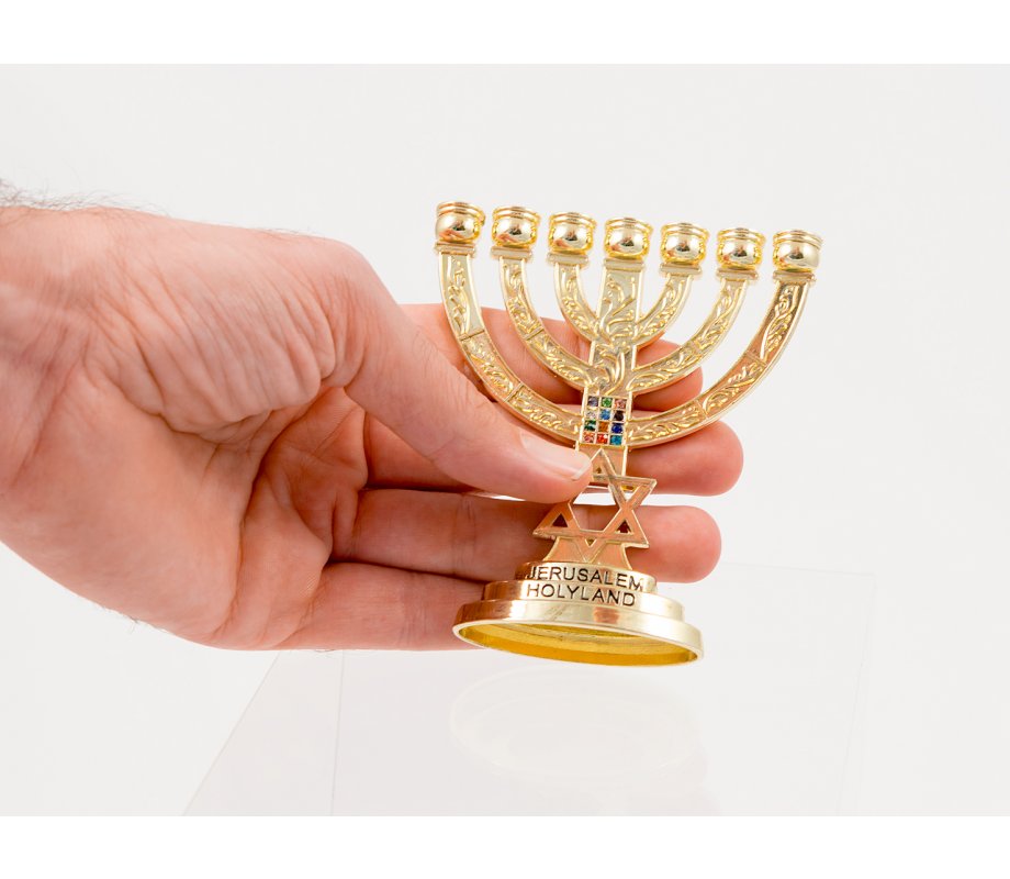 Small Decorative 7-Branch Menorah with Star of David & Breastplate, Gold - 4”