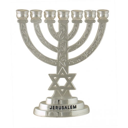 Small Decorative 7-Branch Menorah with Star of David & Breastplate, Silver - 4”