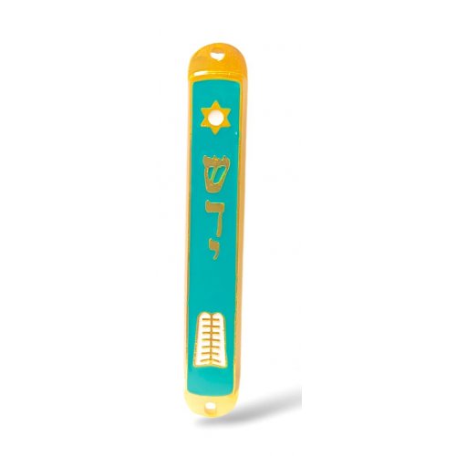 Small Gold Mezuzah Case, Ten Commandments with Star of David - Green-Blue Enamel