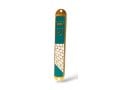 Small Gold Mezuzah Case, Western Wall and Crown Image - Blue Green Enamel