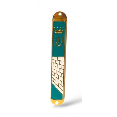 Small Gold Mezuzah Case, Western Wall and Crown Image - Blue Green Enamel