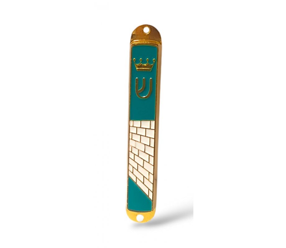 Small Gold Mezuzah Case, Western Wall and Crown Image - Blue Green Enamel