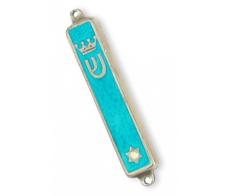 Small Gold Plated Mezuzah Case, Crown and Star of David - Turquoise
