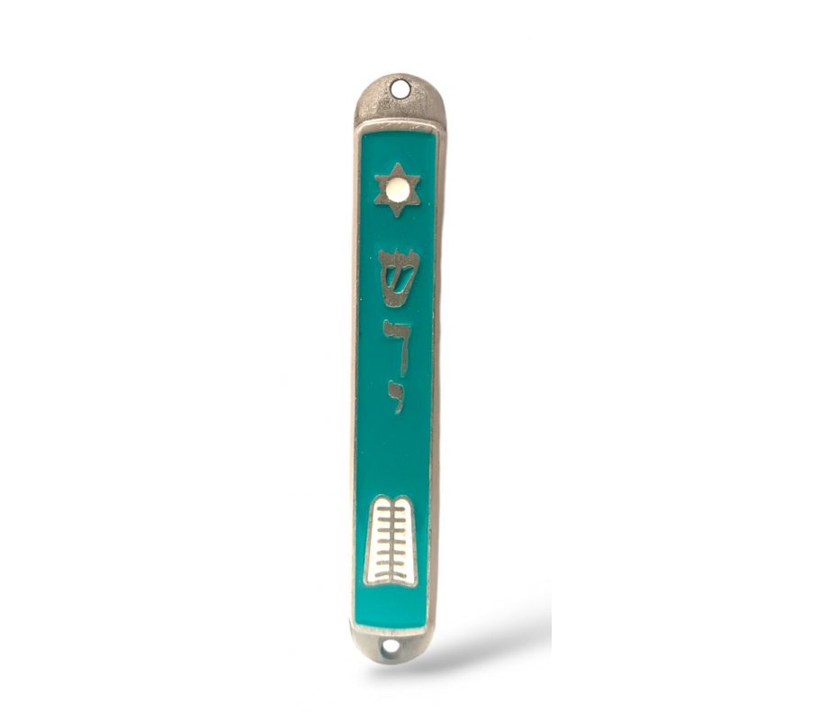 Small Metal Mezuzah Case, Ten Commandments with Star of David - Green-Blue Enamel