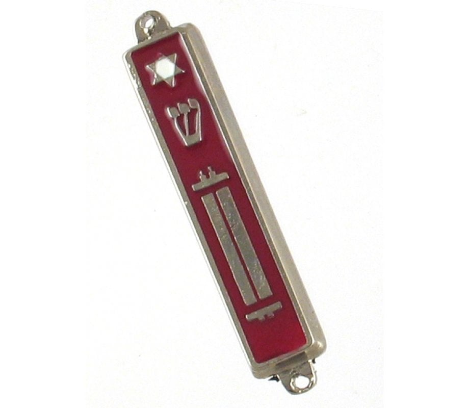 Small Metal and Enamel Mezuzah Case - Star of David and Torah Scroll