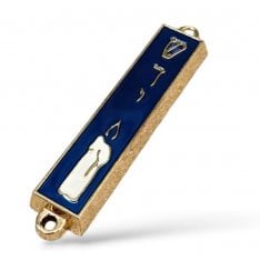 Small Mezuzah Case, Gold Metal with Blue Enamel  Candle and Shin
