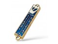 Small Mezuzah Case, Gold Metal with Blue Enamel  Hebrew Letters and Shin