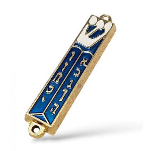 Small Mezuzah Case, Gold Metal with Blue Enamel  Hebrew Letters and Shin