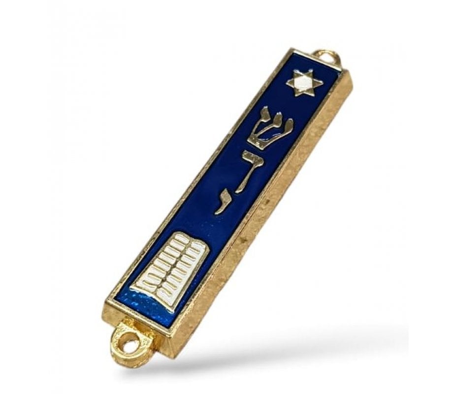 Small Mezuzah Case, Gold Metal with Blue Enamel – Ten Commandments