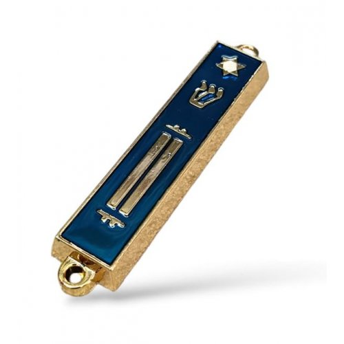 Small Mezuzah Case, Gold Metal with Blue Enamel  Torah Scroll and Shin