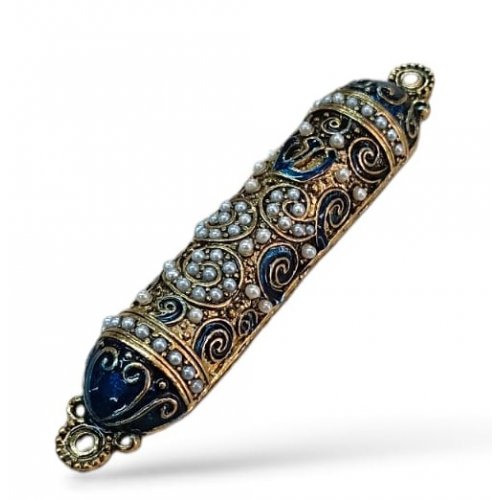 Small Pewter Mezuzah Case with Stones Enamel and Swirl Design - Choice of Colors