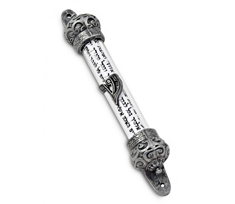 Small Pewter-Colored Mezuzah Case with Shema Prayer Words - Decorative Crowns