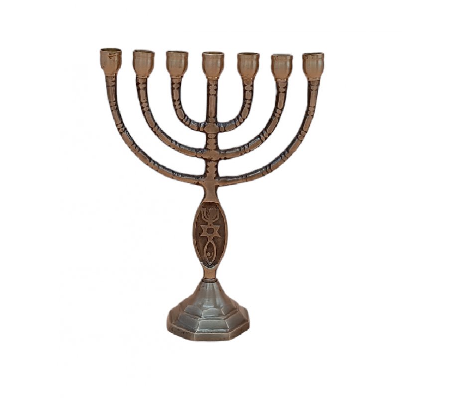 Small Seven Branch Menorah, Fish Design Brass Antique Finish - 8”