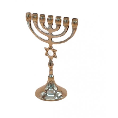 Small Seven Branch Menorah of Gold Brass, Decorative Star of David - 6 Inches Height