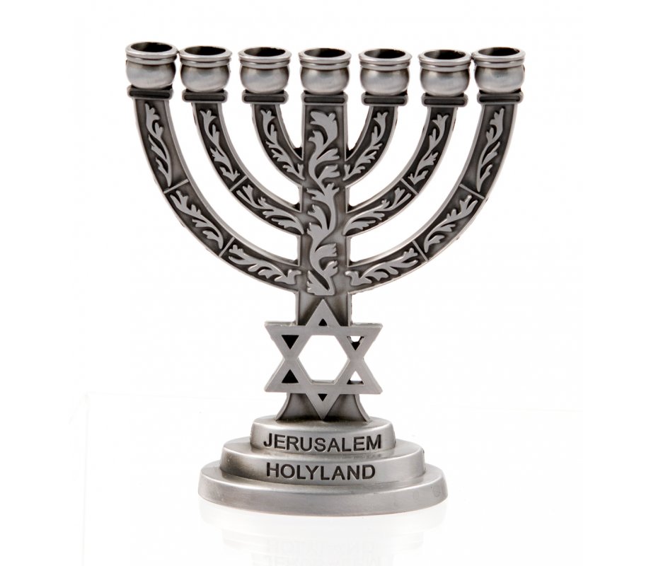 Small Seven Branch Menorah with Star of David & Breastplate, Pewter - 4” High