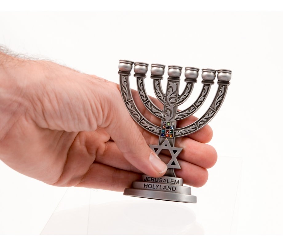 Small Seven Branch Menorah with Star of David & Breastplate, Pewter - 4” High