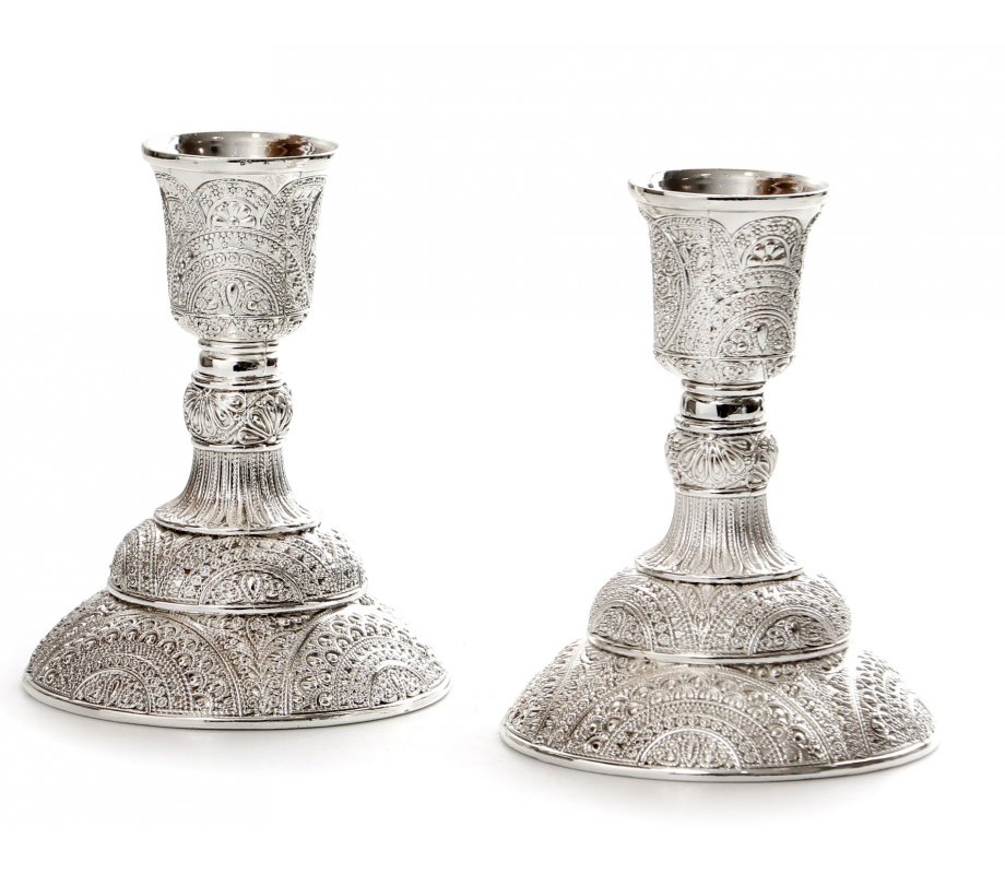 Small Silver Plated Filigree Shabbat Candlesticks