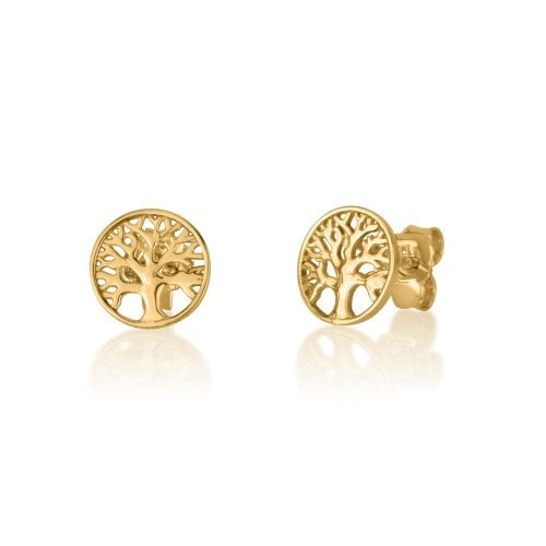 Solid 14K Yellow Gold Stud Earrings for Women - Tree of Life Image in a Circle