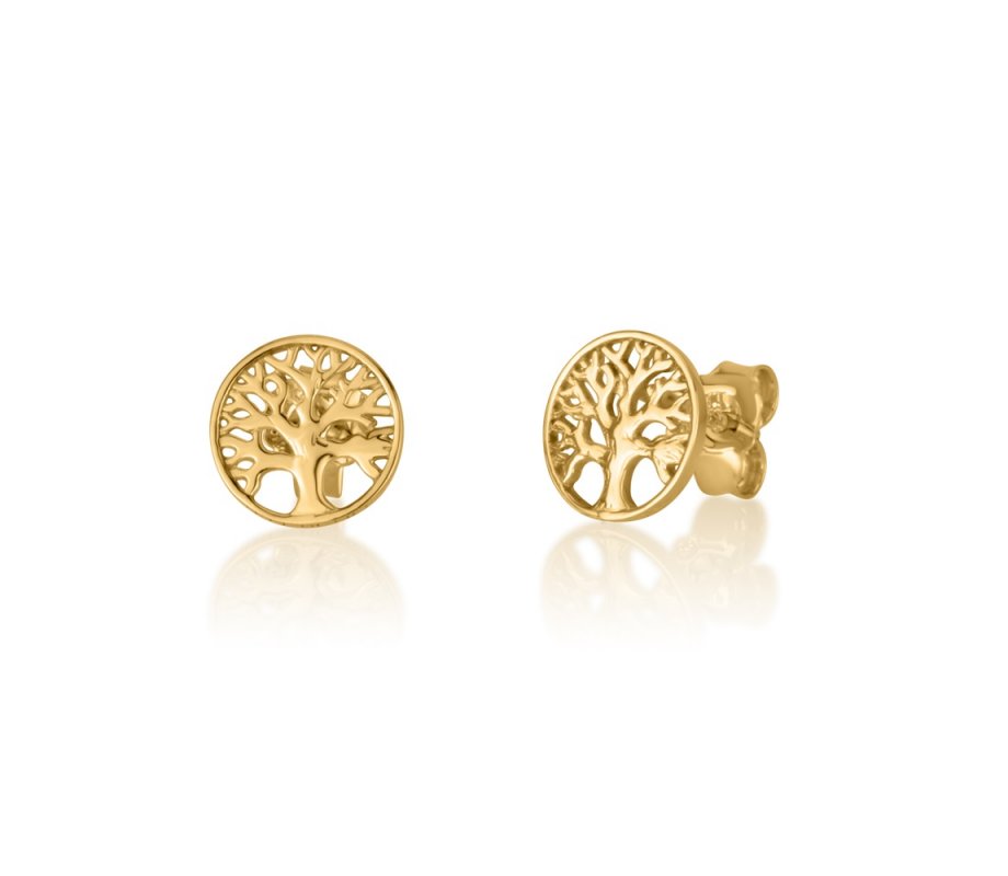 Solid 14K Yellow Gold Stud Earrings for Women - Tree of Life Image in a Circle
