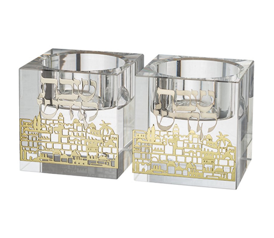 Square Crystal Glass Candlesticks with Gold Color Metal Overlay - Jerusalem