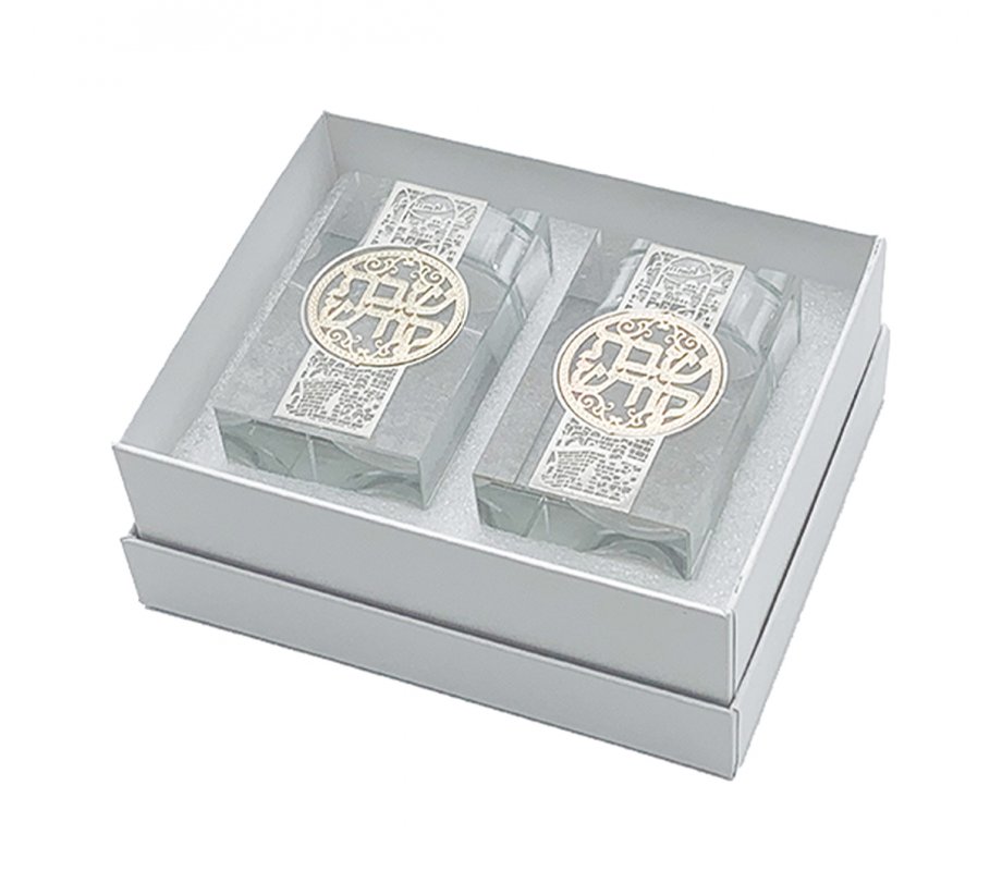 Square Crystal Glass Candlesticks with Metal Overlay - Jerusalem Shabbat Kodesh Design