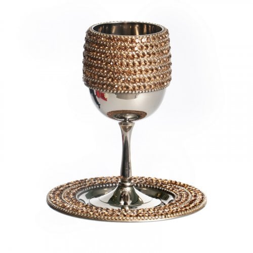 Stainless Steel Kiddush Cup on Stem Set - Diamond Design Gold