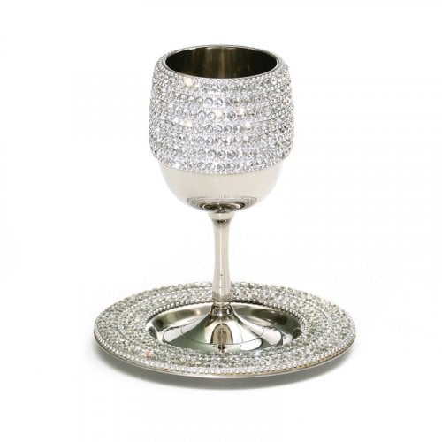 Stainless Steel Kiddush Cup on Stem Set - Silver Crystal Stones on Cup and Plate