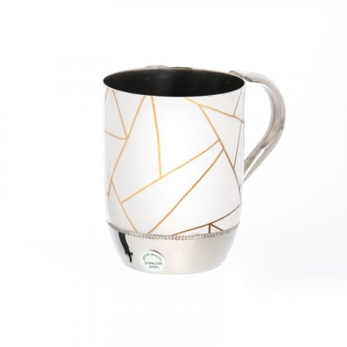 Stainless Steel Netilat Yadayim Wash Cup  Gold Triangle Design on White