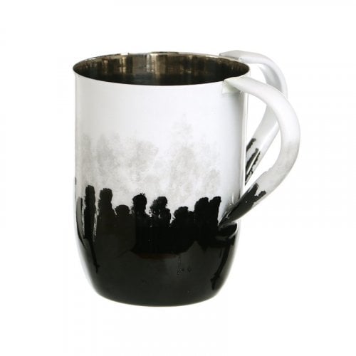 Stainless Steel Netilat Yadayim Wash Cup  White Enamel with Black Smudge Design